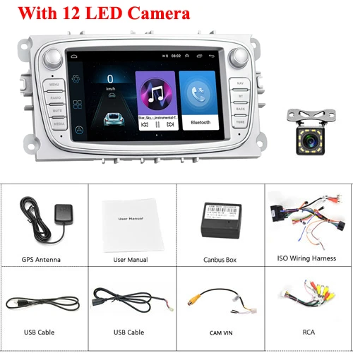 With 12 LED (Silver) Podofo 2din Android 8.1 Car Multimedia player 7'' Autoradio Car Radio GPS Mirrorlink For Ford Focus Mondeo C-MAX S-MAX Galaxy II - Цвет: With 12 LED (Silver)