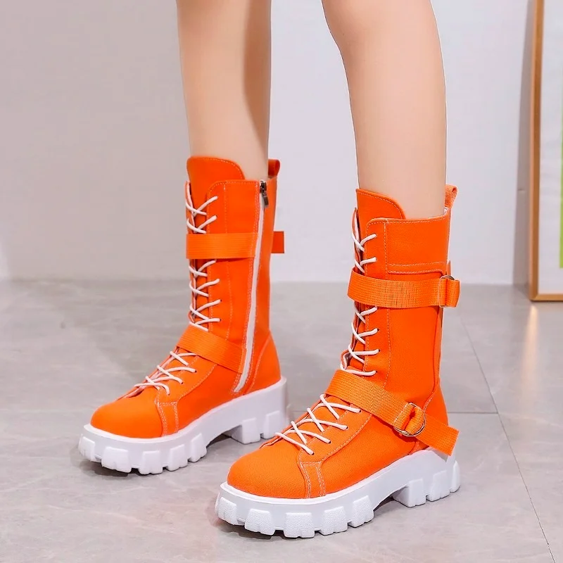 

Newest Girl Candy Color Canvas Sport Boots Girl Zipper & Lace Up High Orange Green Black Boots
