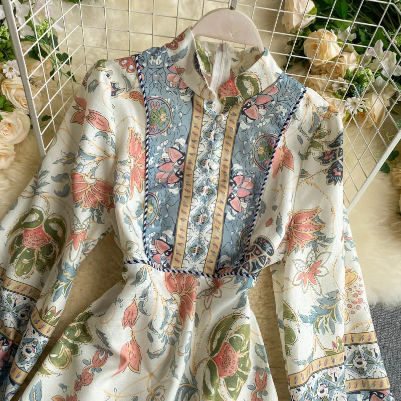 Ретро Суд Стиль печатных платье-баллон Рукавами туника платье с короткими