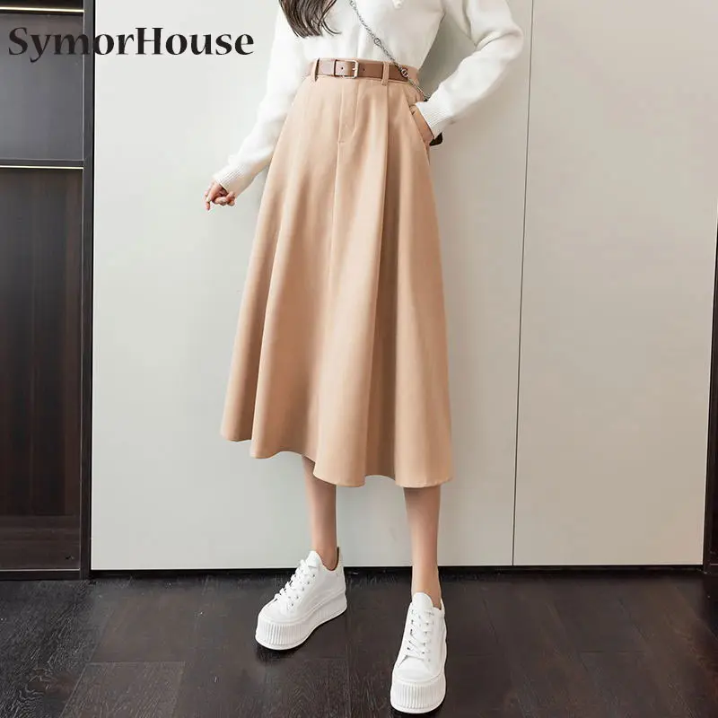 

2021 New Autumn Winter Elegant Women's Skirts with Belted Solid Female High Waist Office Lady Long Umbrella Skirt Pocket