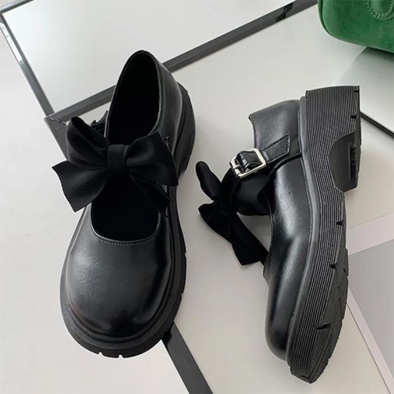 

Lolita Lady Maid Uniform Performance Buckle Round Head Thick High Heel Muffin Thick Sole Single Shoe Bow Japanese Size 35-40