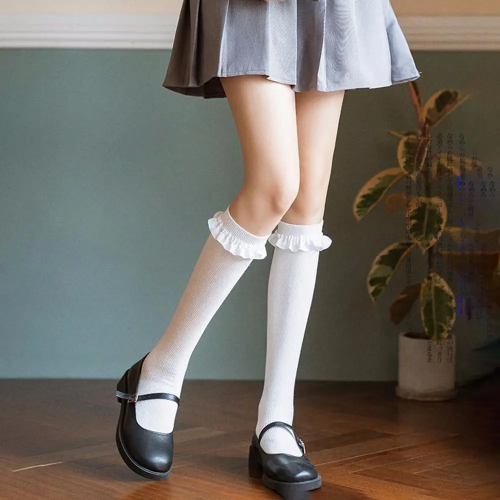 

1 Pair JK Ruffle Plaid Lace Knitted Stocking Knitted Basic Cotton Stockings Female College Style Lolita Bow Lace Calf Socks