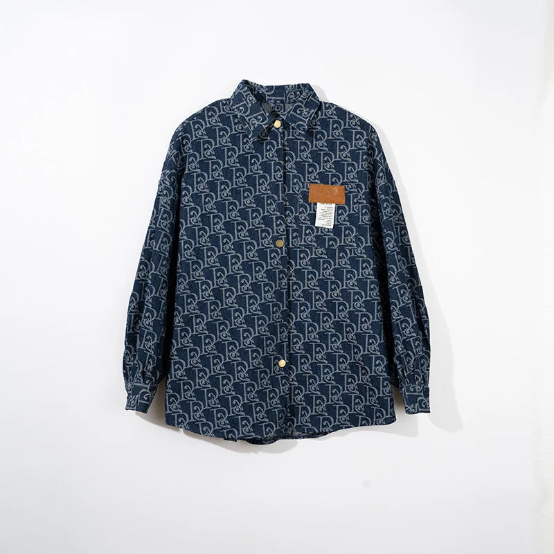 

Женская джинсовая рубашка с буквенным принтом, Повседневная Свободная винтажная блузка из жаккардового хлопка, уличная одежда, осень 2752