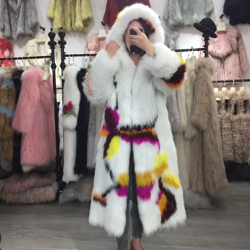 Женская длинная Шуба с капюшоном Длинная вязаная шуба из натурального Лисьего