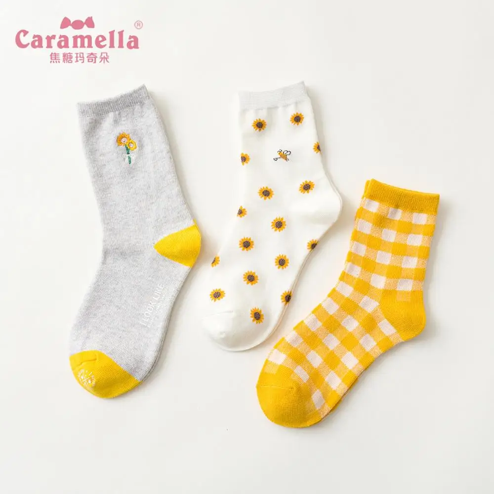 Caramella/3 пар/лот женские хлопковые носки сезон осень зима толстые желтые с