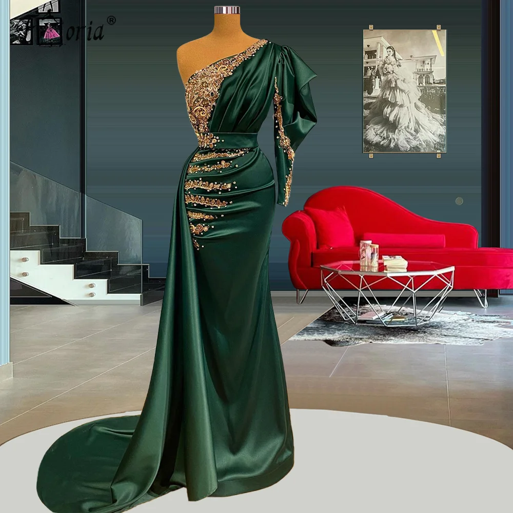 

Женское атласное платье с юбкой годе, Элегантное Длинное Платье изумрудно-зеленого цвета с одним открытым плечом, оборками, бисером и крист...