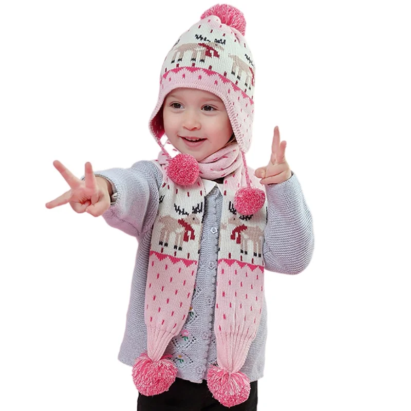 

High Quality Christmas Cap Scarf Suit Toddler Baby Girls Beanie Winter Hat Children for Girl Hat Warm Pink