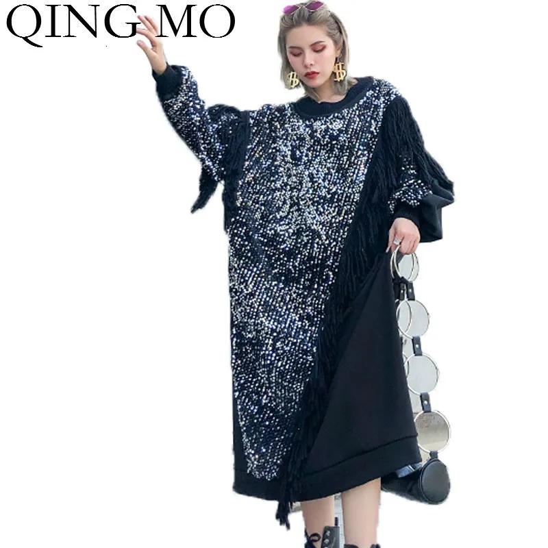 QING MO Черное Женское зимнее платье 2020 женское плюс размер плотное теплое с