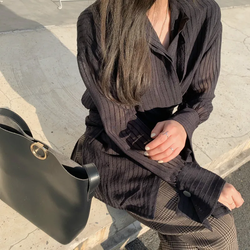 

Korean Fashion Clothing Women Spring Loose Shirt Ladies Waist Striped Chiffon Satin Top Shirt for Women 2021 Long-sleeved Shirt