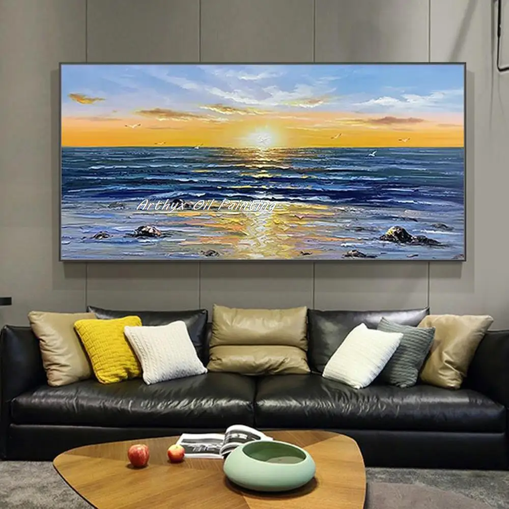

Arthyx Hand Painted Sunrise Landscape Oil Painting On Canvas Handmade Abstract seaview Wall Art Picture For Room Home Decoration