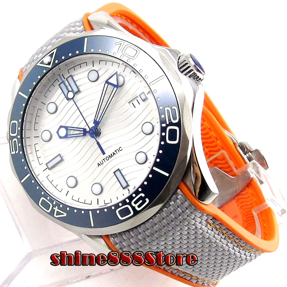 

new 41mm bliger silver wave dial luminous marks deloyment clasp sapphire glass date automatic mens watch