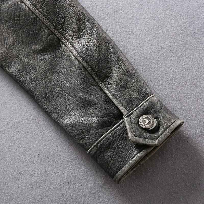 

AVFLY 2020 Men Vintage Gray Motorcycle Leather Jacket Fashion Single-breasted soft Cowhide Biker jackets Winter Coats