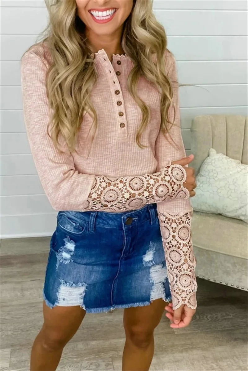 

CHRONSTYLESpring Autumn Women Sweaters Knitted Long Sleeve Pullover Tunic Floral Lace Patchwork Button Round Neck Solid Sweater