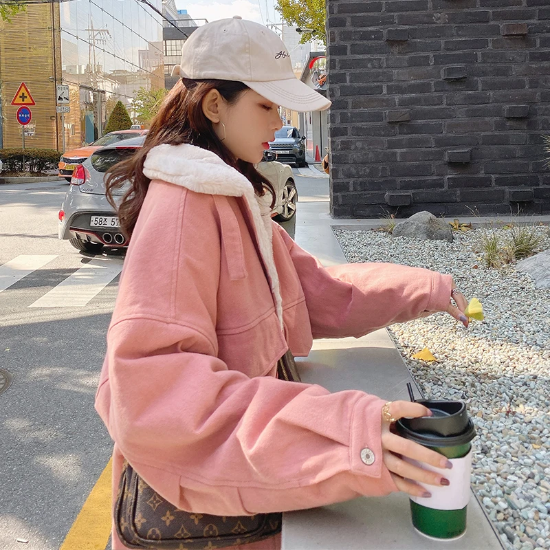 

Long Sleeve Pink Coat Winter Thick Fur Collar Lambswool Coat Women Causal Single-breasted