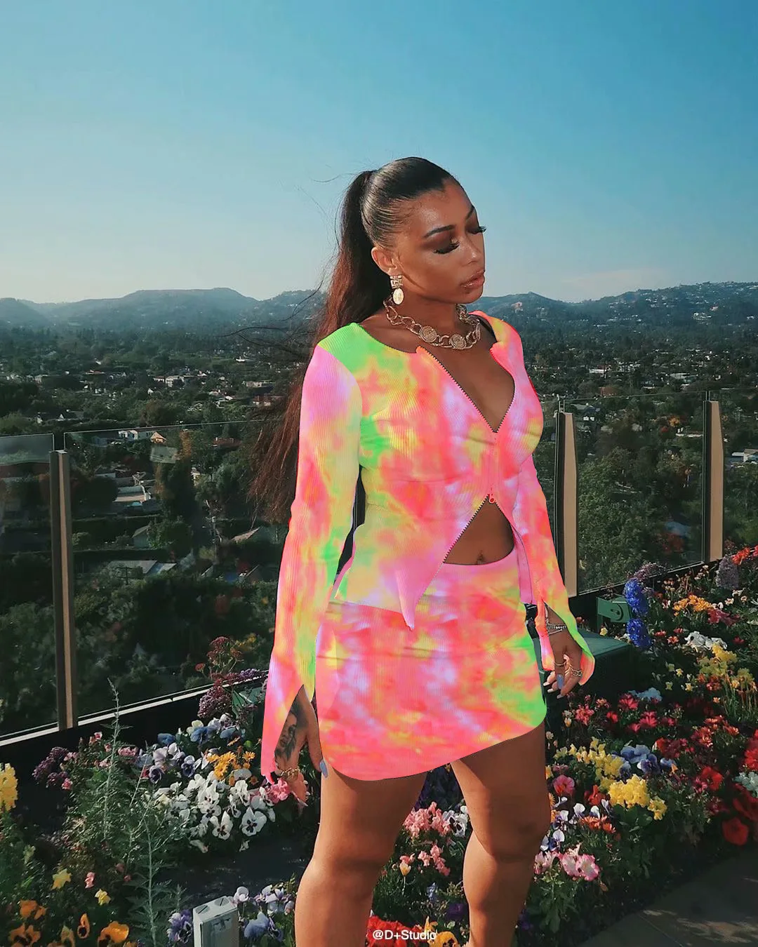 

tie-dye casual shorts two-piece set printing long sleeve two-pieces sexy clothes