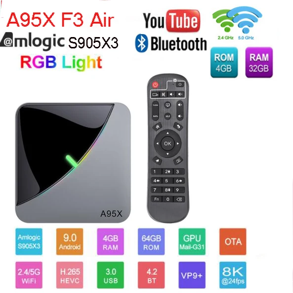 4G 32G Android 9,0 RGB светильник Smart tv Box Amlogic S905X3 USB3.0 1080P H.265 4K 60fps Wifi Google Play Netflix Youtube A95X F3 Air 8K - Цвет: 4G 32G