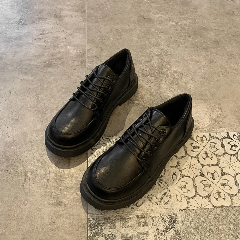 

British Retro Student Casual Shoes Woman 2020 Spring Autumn New Solid Leather Shoes Lace Up Square Low Heels Oxford Shoes Women
