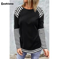 cashiona ladies fashion leisure t shirt 2021 autumn new loose shirt women patchwork striped top long sleeve basic tees clothing