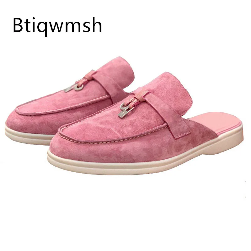 

Розовые замшевые шлепанцы, женские элегантные летние мюли с круглым носком и металлическим замком