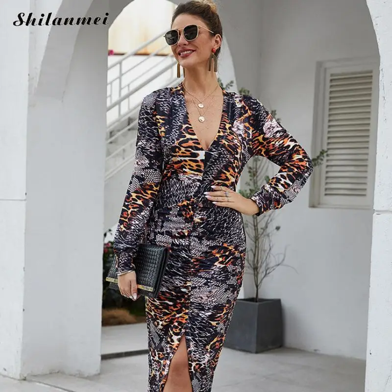 

2020 Long Sleeve Women Slim One-Piece Dress Snakeskin Leopard Sexy Party Dress Deep-V High Slit Night Club Sheath Vestidos xl