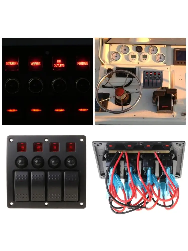 

4 Gang Red LED Waterproof Rocker Panel Switch w/Lens For Marine Boat 12-24V