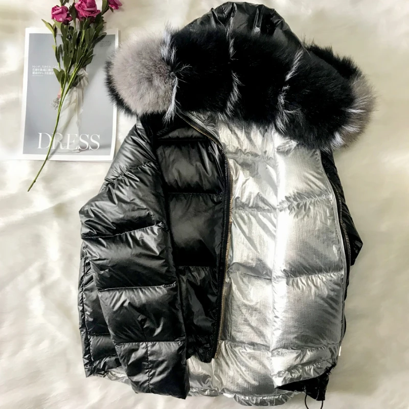 Зимние плотные теплые пуховики и куртки женские с капюшоном из лисьего меха