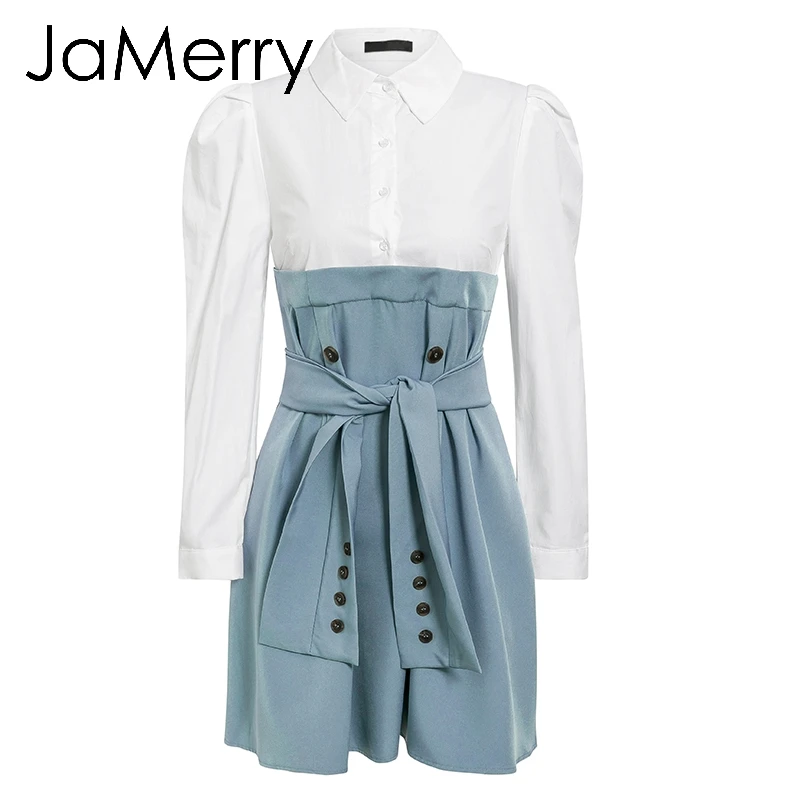 Blue Gray JaMerry, винтажная Лоскутная блуза рубашка, платье, женское, элегантное, с высокой талией, на пуговицах, с поясом, для офиса, для девушек, платье с пышными рукавами, осенние платья - Цвет: Blue Gray
