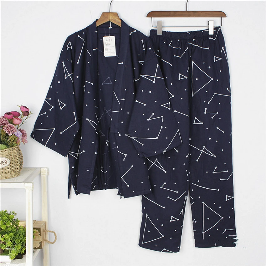 Хлопковое японское кимоно, одежда для сна для самураев, мужские топы Haori+ штаны, комплект одежды, традиционная Мужская пижама-кимоно, ночная рубашка Jinbei