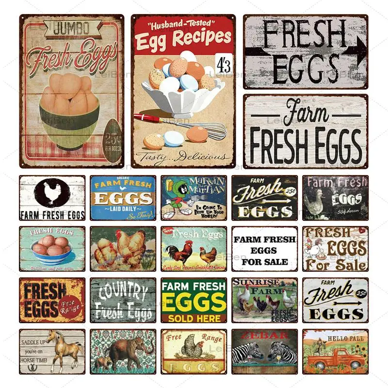 

Fresh Eggs Metal Plaque Chicken Coop Retro Wall Art Poster Vintage Metal Tin Sign Home Decoration Farm Restaurant Bar Creative