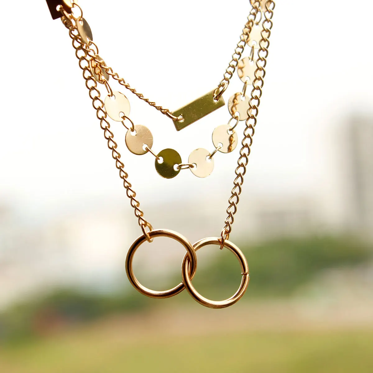 Модный Круглый Круг многослойное ожерелье металлическая палочка блестки