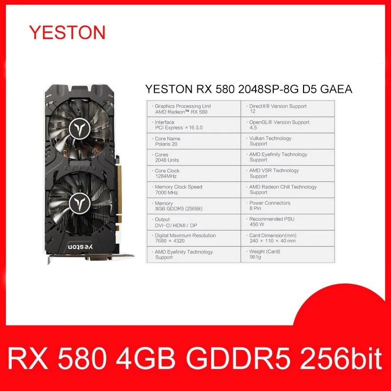Yeston Radeon видеокарта RX 580 GPU 8 ГБ GDDR5 256bit игровой настольный компьютер ПК видео Поддержка DVI-D/HDMI PCI-E X16 3,0