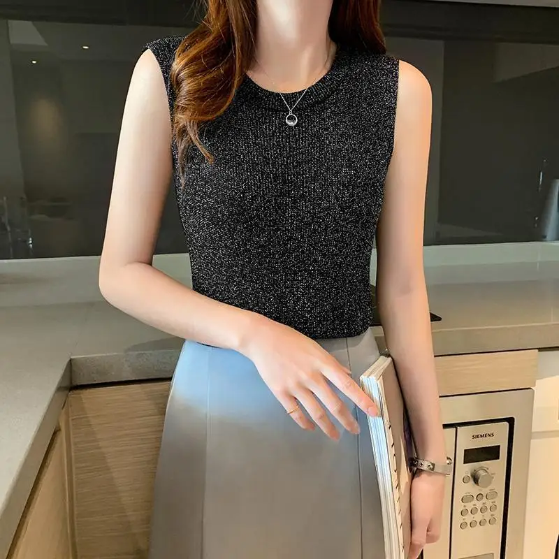 Летний женский пуловер без рукавов вязаный жилет облегающий Вязаный топ с