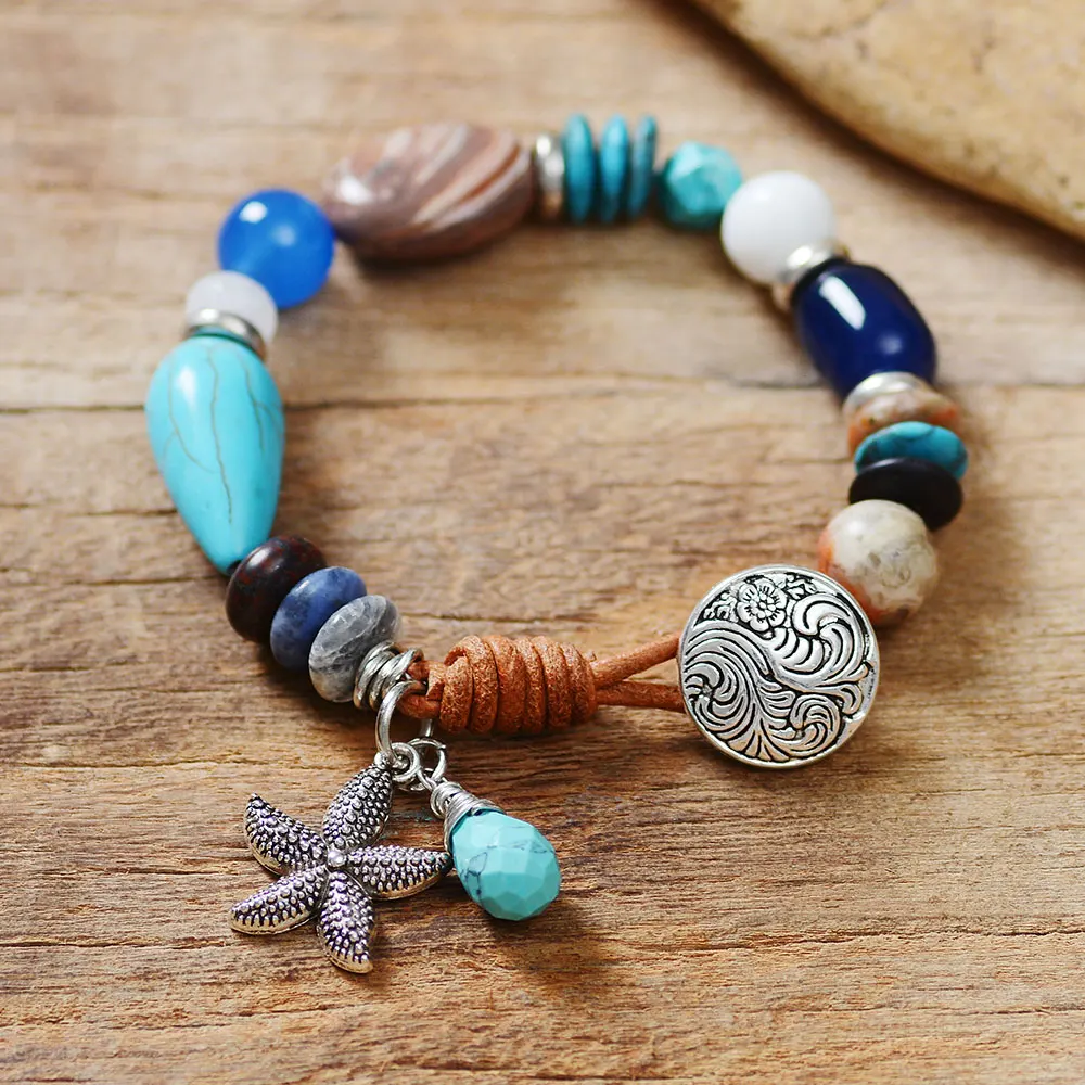 Уникальная смесь природных камней браслет с кнопкой из сплава ручной работы