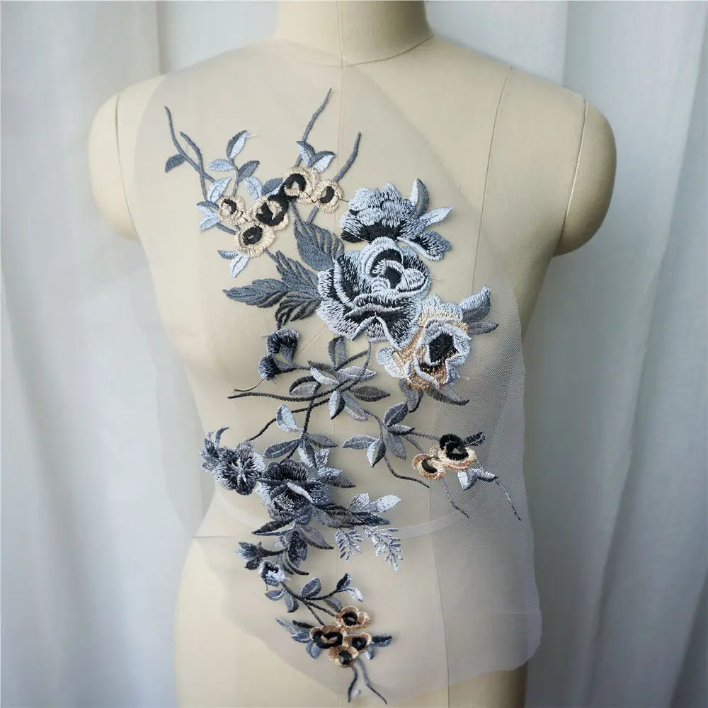 Серый вышитый цветок аппликации кружевной ткани планки Воротник Сетки пришить