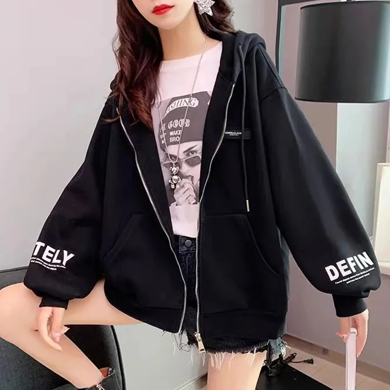 

CZJMS Fashion Autumn Hoodies Women Loose Casual Sweatshirt Letter Black Outwear Print Street Wear Clothes for Teens Fashion
