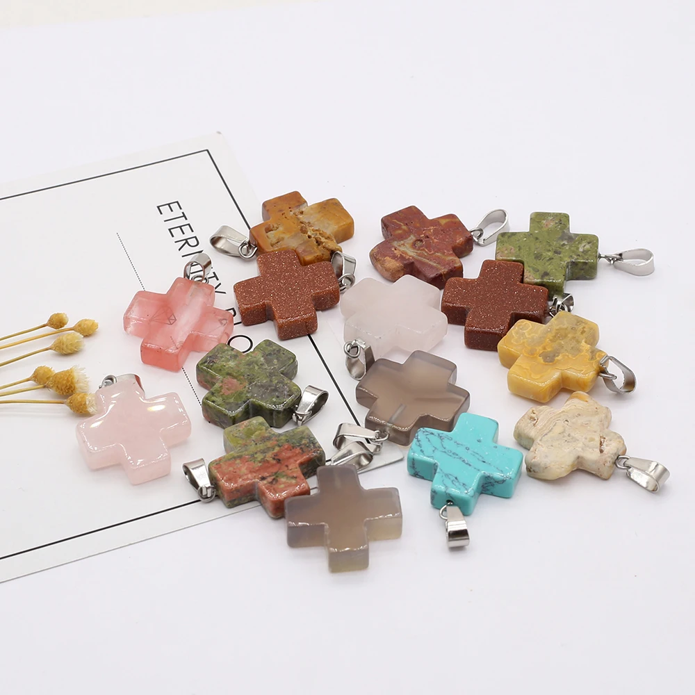 Подвеска из натурального камня в форме Креста, изысканный Шарм для изготовления ювелирных изделий «сделай сам», ожерелья, браслета, аксессуары, произвольный цвет, 6 шт., 20 х24 мм