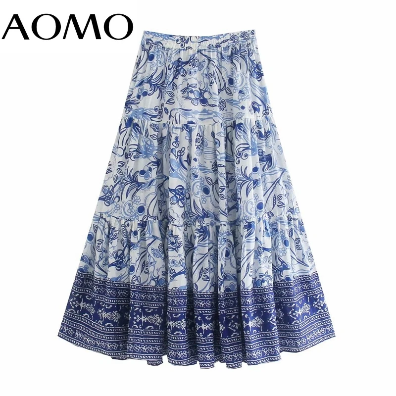 

AOMO Women Blue Floral Print Midi Skirt Faldas Mujer Strethy Waist Ladies Vintage Chic Mid Calf Skirts 3H758A