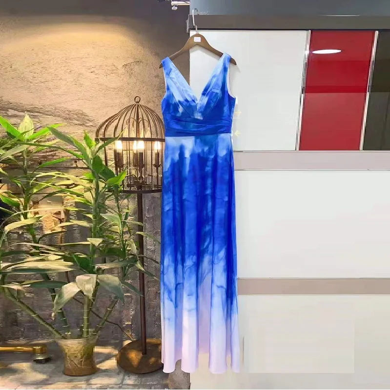 2019 модные градиентные Синие сексуальные v-образным вырезом без рукавов Длинные