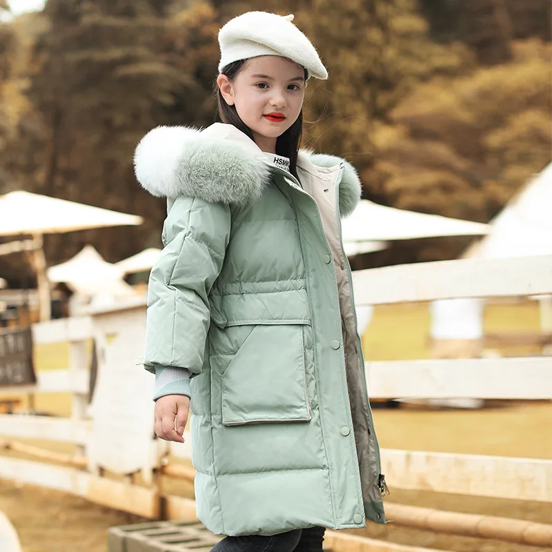 

Children's fashion winter clothes Girls windproof & thick hooded down jacket Teenagers' winter warm long coat Natural fur collar