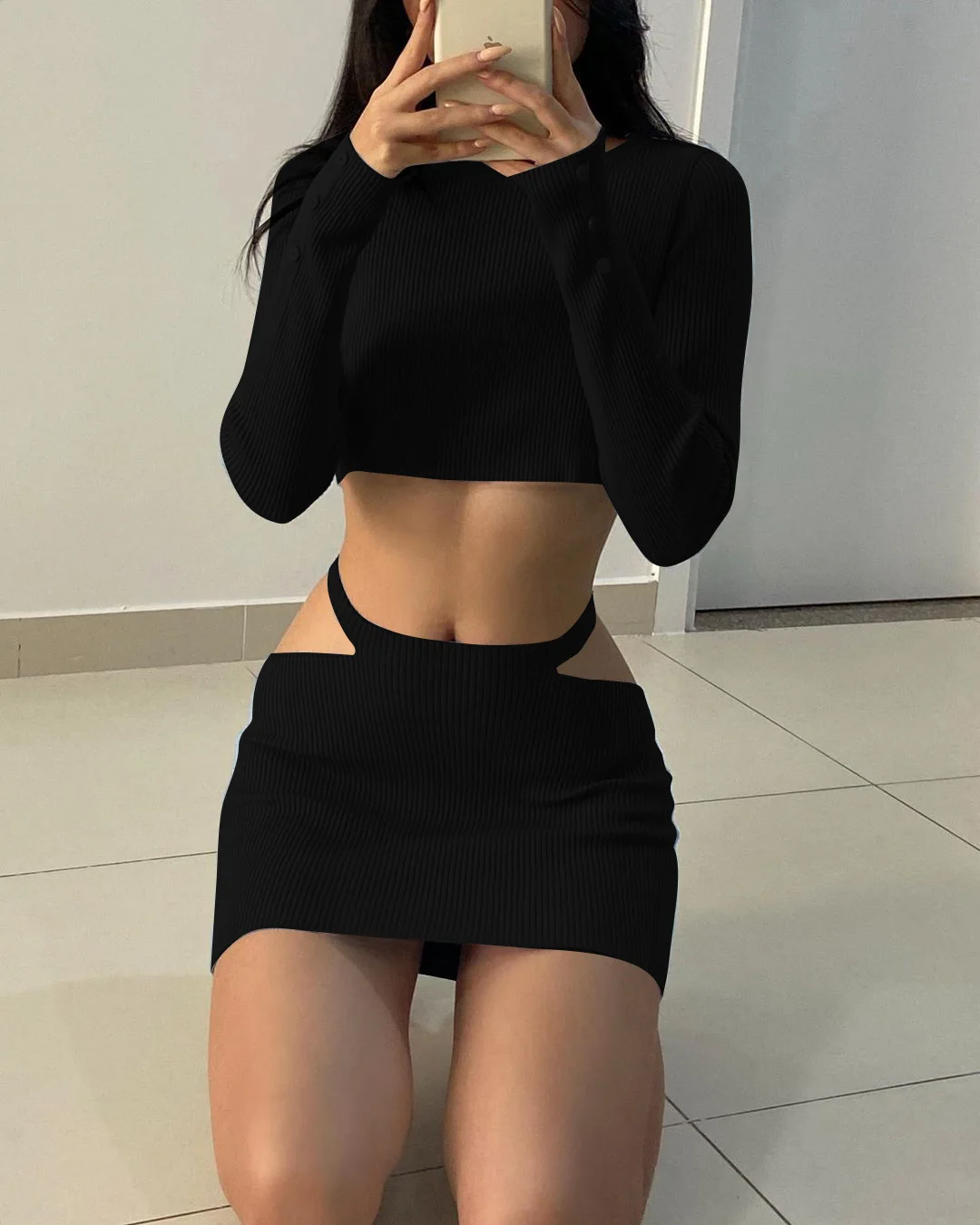 

Spring Women Sexy Elegant Suit New Long Sleeves Short Top Cutout Skirt Set Femme Party Clothing Autumn Fashion Solid Streetwear