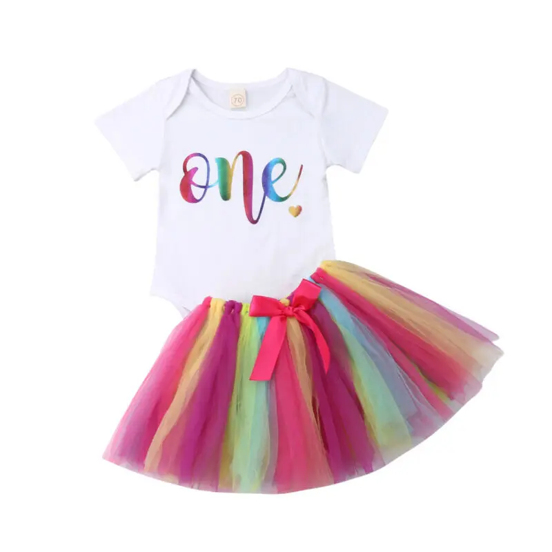 

Adorable Infant Baby Toddler Girls 1st Birthday White Romper + Rainbow Skirt Tutu Dress 2pcs Outfits Baby Clothing 0-24M