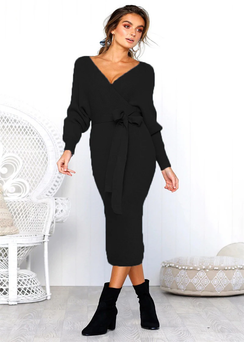 

dresses women Autumn femme robe Knit Sexy Bag Hip Warm Sweater vestidos Multicolor Long Sleeve Deep V-neck woman Dress