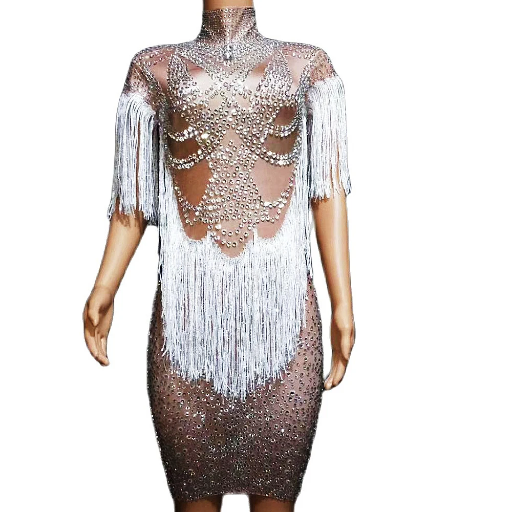 

Sparkly Diamonds Women Dresses Long Sleeve Short Dresses Nightclub Singer Performance Stage Wear Silver Tassel Costumes
