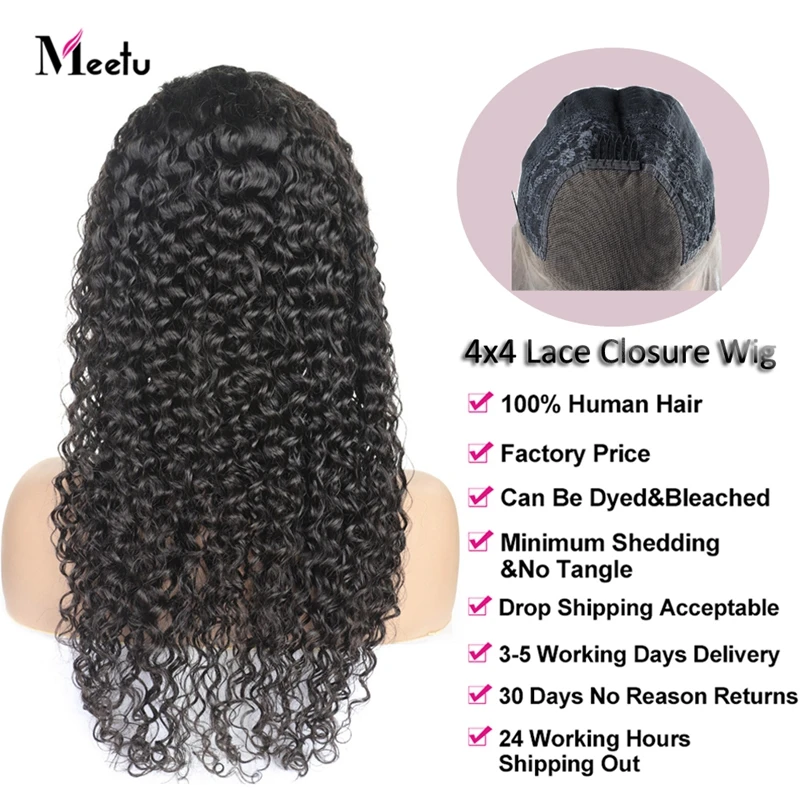 Meetu 4X4 Lace Closure Wig Malaysian Deep Wave Lace Front Wig Pre Plucked 180 Density Lace Front Wig 8-26" Remy Human Hair Wigs