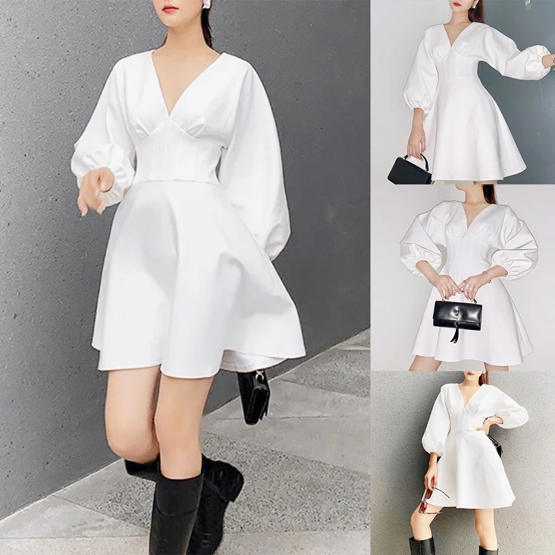 

Retro Puff Sleeve Dress Spring Open Back White V-Neck Mini Long Sleeve Dress Women