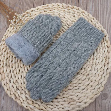 B08 light gray Осенне-зимние женские вязаные перчатки высокого качества, женские бархатные толстые теплые шерстяные кашемировые однотонные перчатки, Женские варежки - Цвет: B08 light gray