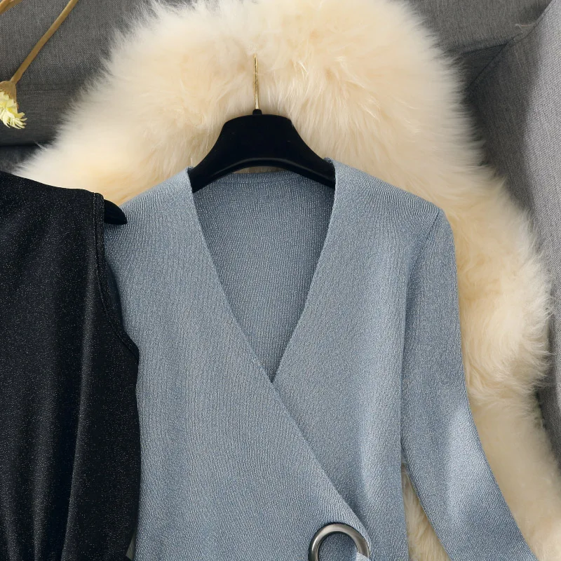 ALPHALMODA модный костюм платье осеннее платье тонкий свитер с длинными рукавами+ Сетчатое платье Элегантный комплект из 2 предметов