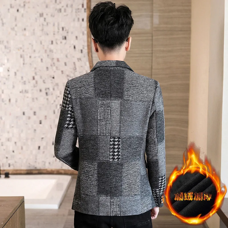 Мужской зимний жаккардовый однотонный плотный Блейзер Молодежный приталенный