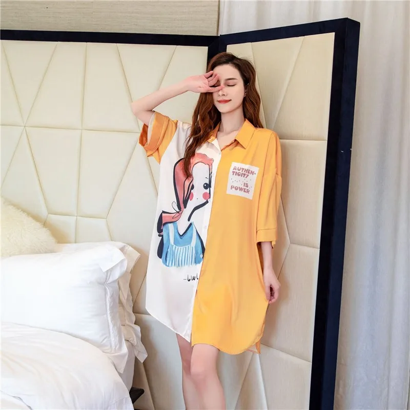 

Summer Women Nightgown Sleepwear Blue Print Girl Nightdress Short Sleeve Loose Faux Silk Bathrobe Sexy Mini Shirt Skirt Homewear