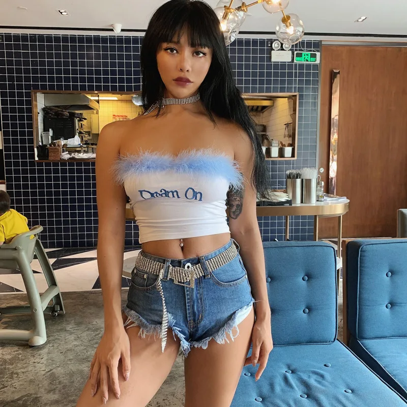 

Summer Women Sexy Harajuku Open Back Letter Embroidered Tube One Word Collar Flocking Top Women Vest Casual White Fashion Tops